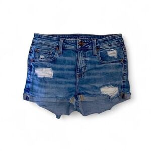 American Eagle Hi-Rise Shortie Distressed Denim Jean Shorts Blue Women Size 2